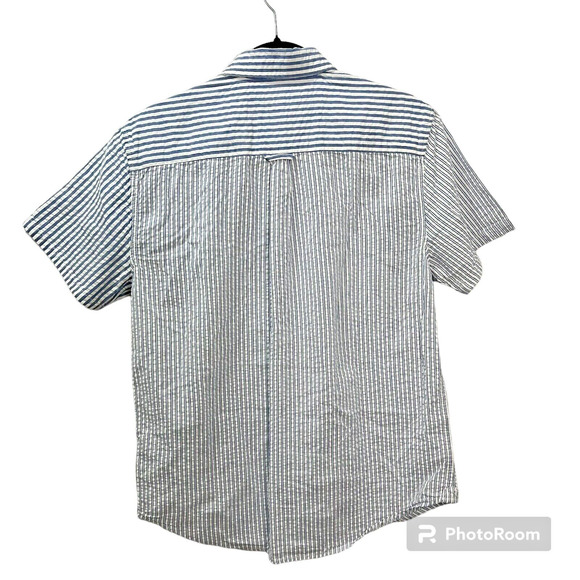 Free Assembly Mens Shirt Collared Button Down Seersucker Blue White Strip Cotton - Picture 2 of 10